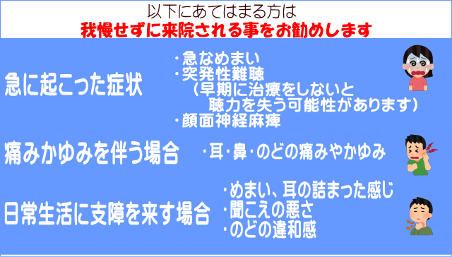 ・めまい、耳の詰まった感じ ・聞こえの悪さ ・のどの違和感