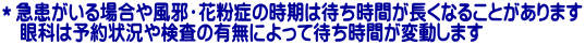 ＊急患がいる場合や風邪・花粉症の時期は待ち時間が長くなることがあります 　眼科は予約状況や検査の有無によって待ち時間が変動します