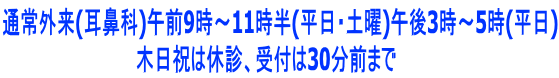 通常外来(耳鼻科)午前9時~11時半(平日・土曜)午後3時~5時(平日) 木日祝は休診、受付は30分前まで
