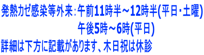 発熱カゼ感染等外来:午前11時半~12時半(平日・土曜) 午後5時~6時(平日) 詳細は下方に記載があります、木日祝は休診
